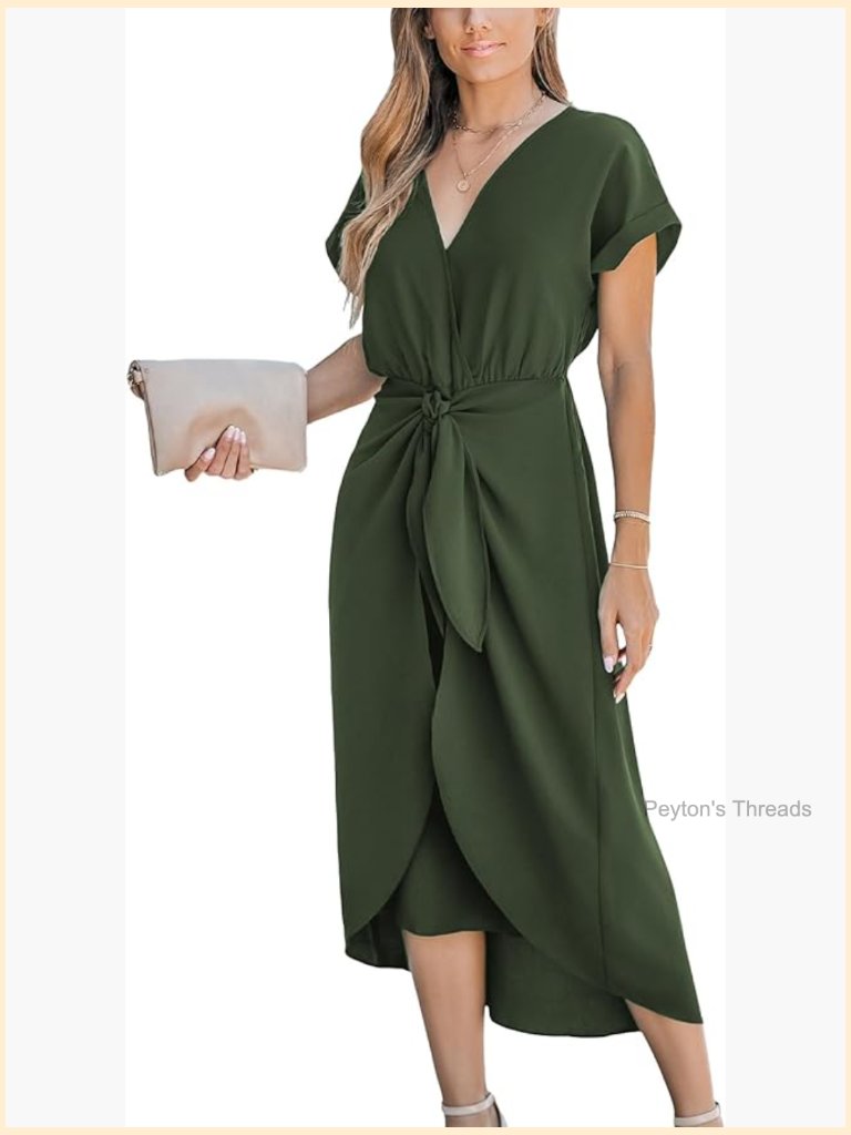 V Neck Wrap Dress With Twisted Slit Pleated Waist Tie Short Sleeve Midi